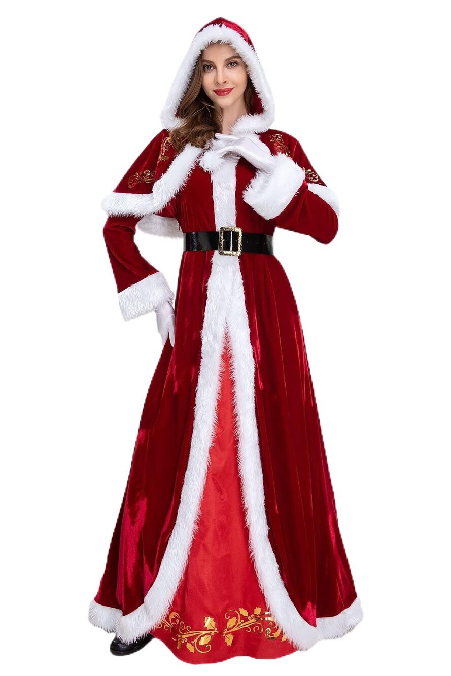 9653 Mrs Claus Costume Santa Claus Dress Christmas Suit with Red Hooded